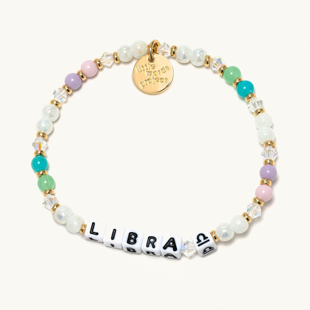 Libra Zodiac Bracelet: White Gold Letter Beads with Sunstone and